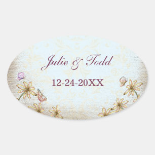 Sticker Ovale Mariage Floral Bleu vintage Enregistrer La Date