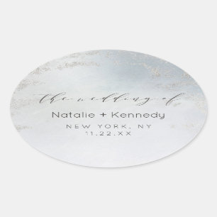 Sticker Ovale Mariage Ombre Dusty Blue Frosted Silver Foil Luxe