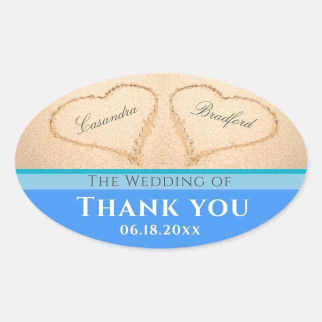 Sticker Ovale Mariage plage 2 Coeurs Mariage de sable Merci (Devant)