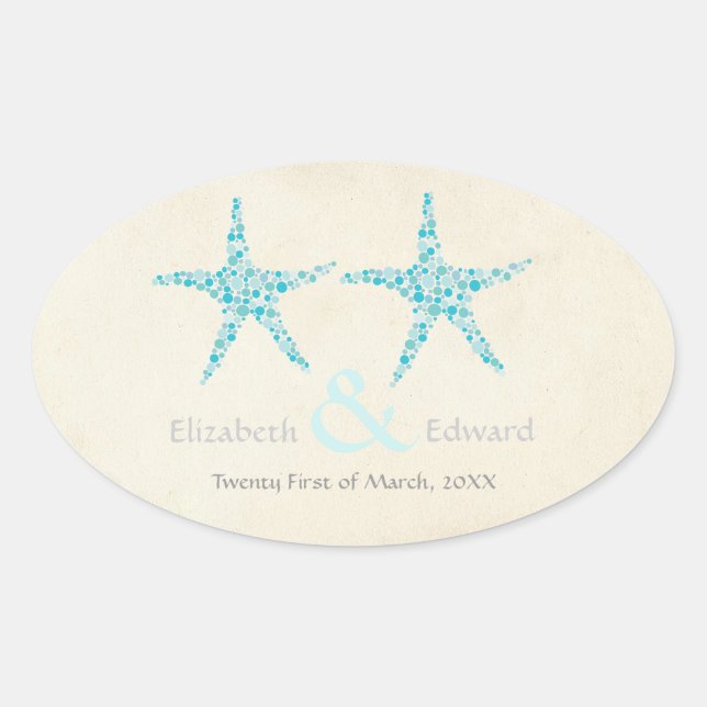 Sticker Ovale Mariage Turquoise Aqua Starfish Enregistrer la dat (Devant)