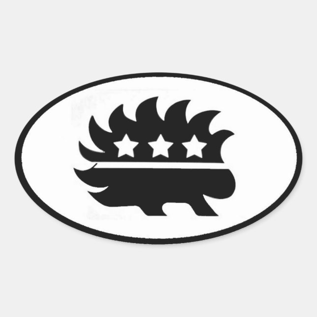 Sticker Ovale Mascotte de porc-épic libertarienne noir et blanc (Devant)