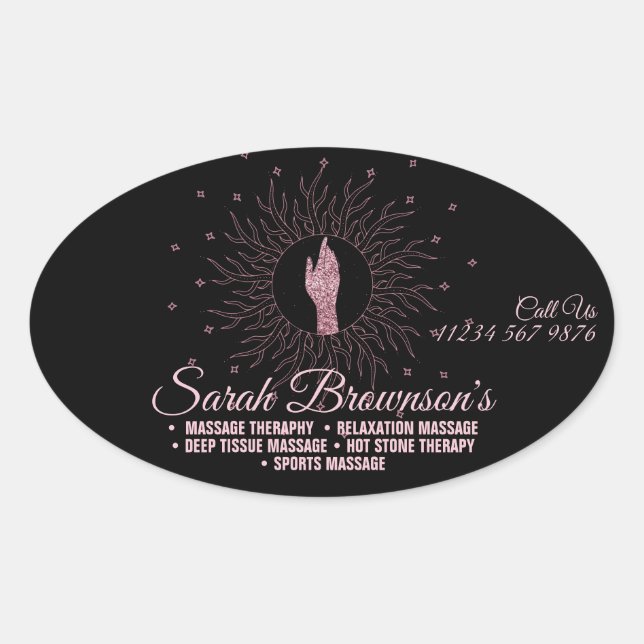 Sticker Ovale Massage Thérapie Pink Noir Script Healing mains (Devant)