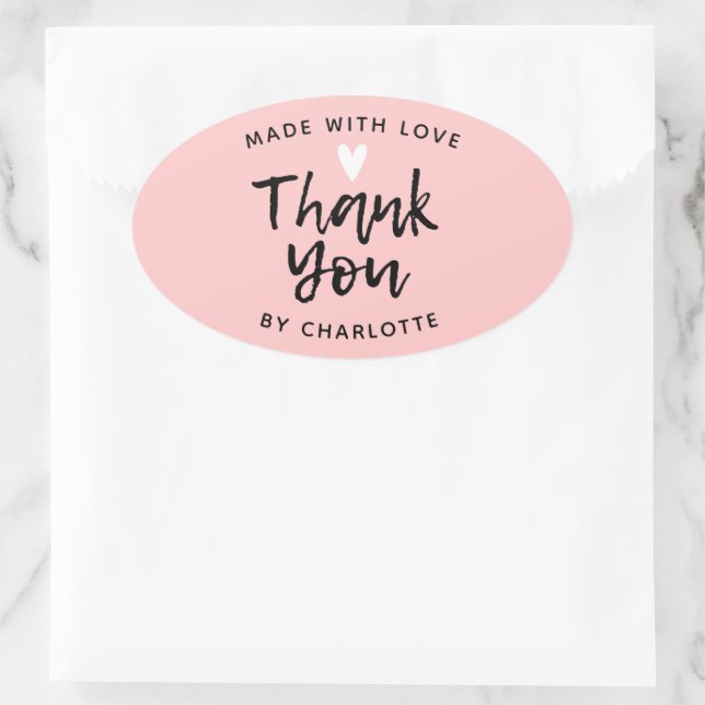 Sticker Ovale Merci fait à la main avec amour rose classique Ron (Sac)