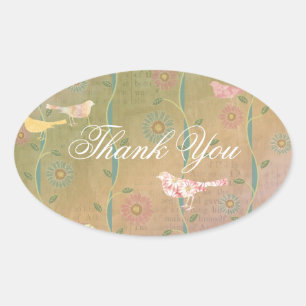 Sticker Ovale Merci Pastel Flower Birds