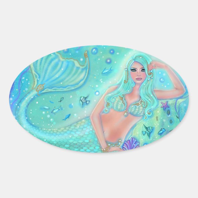 Sticker Ovale Mermaid Eira aux poissons tropicaux par Renee Lavo (Devant)