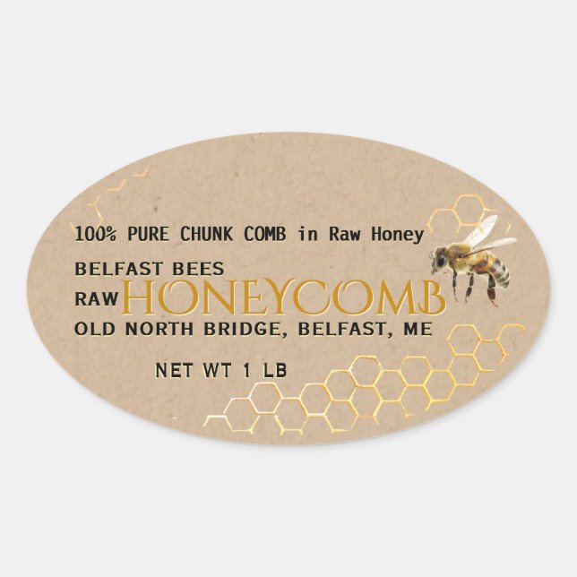Sticker Ovale Miel de peigne Kraft en Rectangle, Cercle, Carré o (Devant)