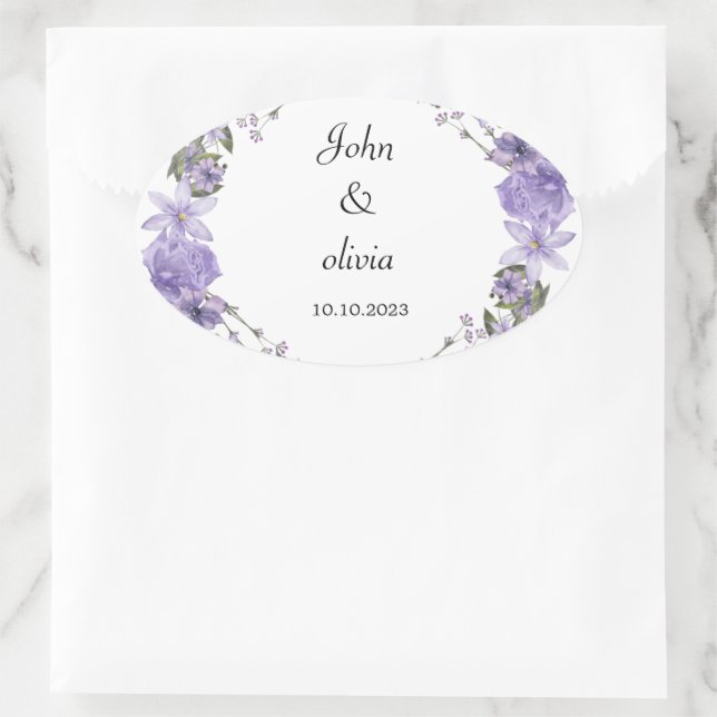 Sticker Ovale mignon mariage fleuri violet (Sac)
