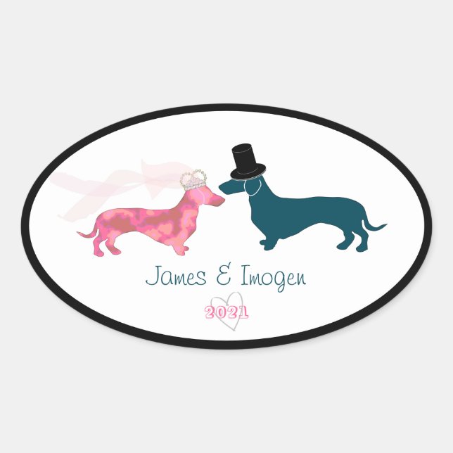 Sticker Ovale Mignonne mariée et fille Dachshund (Devant)