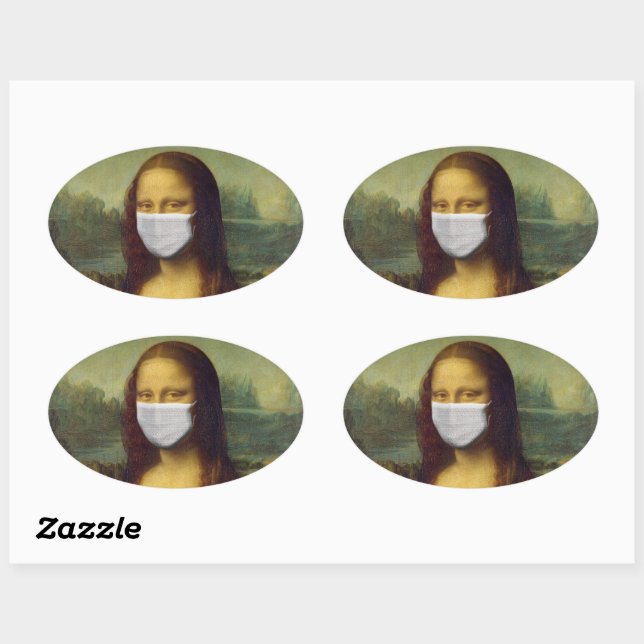STICKER OVALE MONALISA AVEC BÂTIMENTS EN MASQUE EN PARODE (Feuille)