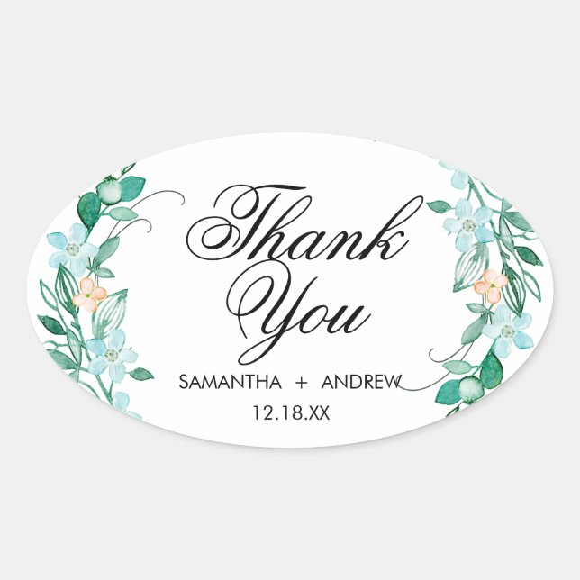 Sticker Ovale Monnaie & Pêche Florale Wreath Wedding Merci (Devant)