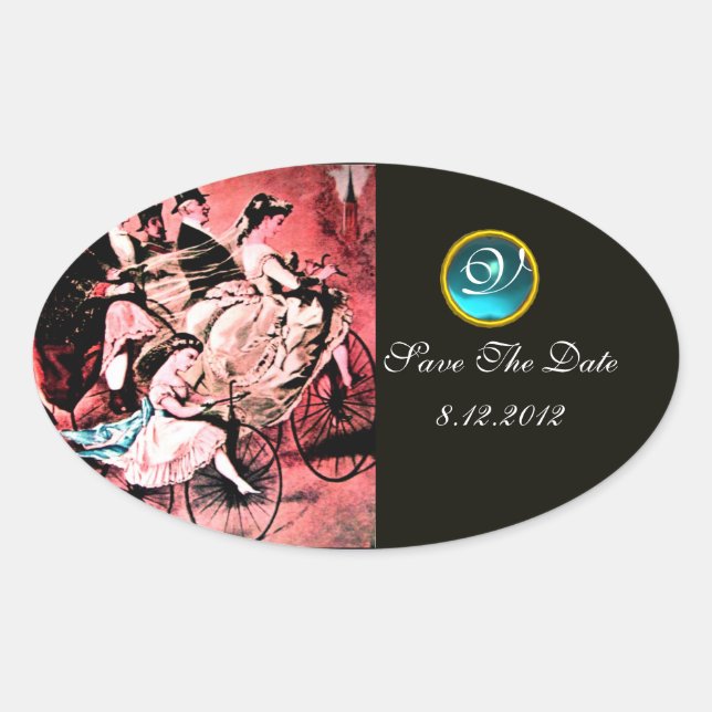 STICKER OVALE MONOGRAMME DE MARIAGE DAMASK BLACK BLEU ROUGE (Devant)