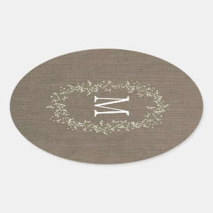 Sticker Ovale Monogramme floral de toile de jute vintage