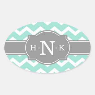 Sticker Ovale Monogramme Gris Chevron à la menthe
