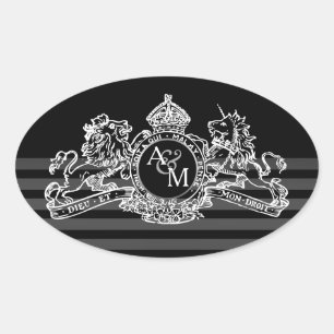 Sticker Ovale Monogramme noir blanc Lion Unicorne Regal Emblem