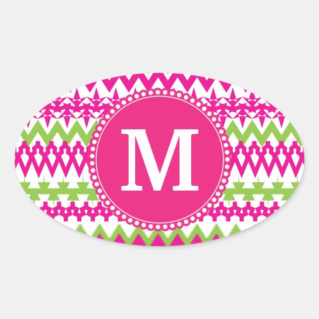 Sticker Ovale Monogramme personnalisé Motif tribal Pink Chevron (Devant)