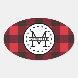 Sticker Ovale Monogramme rouge de nom de bûcheron de plaid de