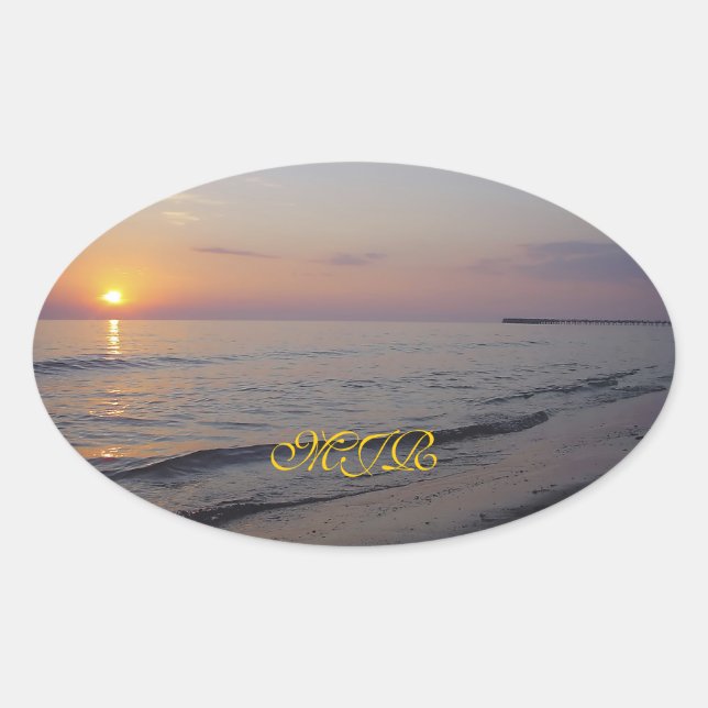 Sticker Ovale Monogramme Sunset Beach Waves, serein et paisible (Devant)