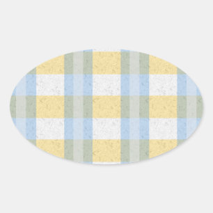 Sticker Ovale Motif carreaux bleu pastel et jaune