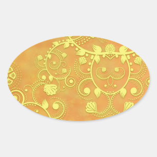 Sticker Ovale Motif damassé floral fantaisie jaune doré