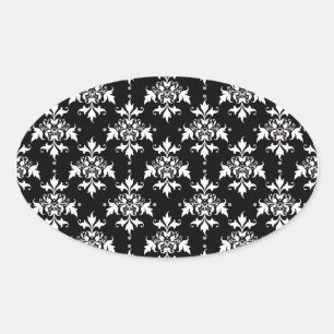 Sticker Ovale Motif damassé floral noir et blanc