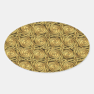 Sticker Ovale Motif de noeuds en spirale celtique d'or brillant