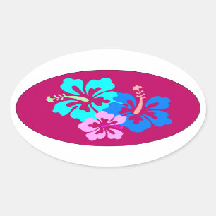 Sticker Ovale Motif hibiscus rose chaud