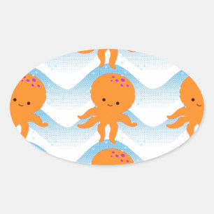 Sticker Ovale Motif Octopus Orange Et Vagues Bleues