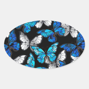 Sticker Ovale Motif sans couleur foncée avec papillons bleus Mor