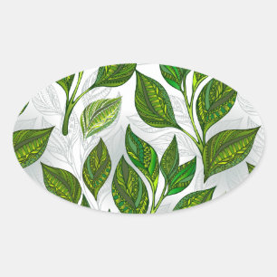 Sticker Ovale Motif sans couture avec Feuilles de thé vert