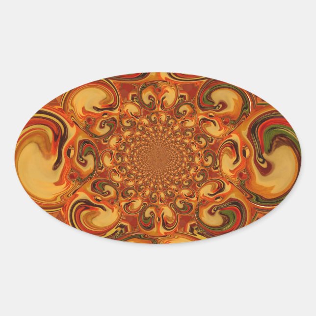 Sticker Ovale Motif tourbillonnant : Tons d'orange, Brown et ver (Devant)