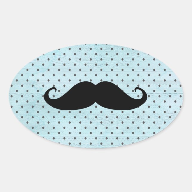 Sticker Ovale Moustache Noire Drôle Sur Pois Bleus Turquoises (Devant)