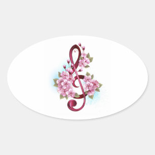 Sticker Ovale Musical treble clef notes with sakura flowers