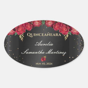Sticker Ovale Noir avec Roses Rouges Quinceañera Calcamonias