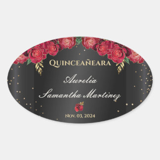 Sticker Ovale Noir avec Roses Rouges Quinceañera Calcamonias