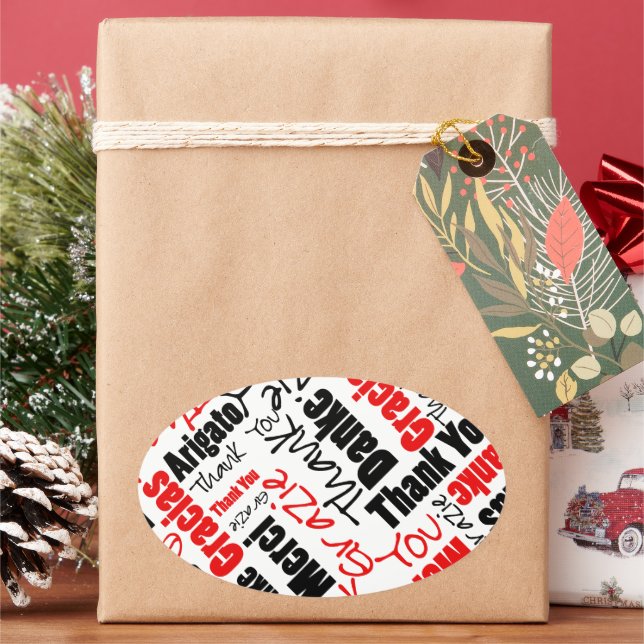 Sticker Ovale Noir Rouge multilingue Merci Typographie Cloud (vacances)