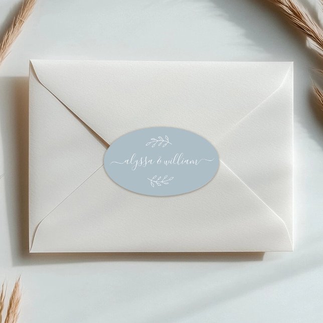 Sticker Ovale Nom de script moderne Simple Dusty Bleu Rustique (Créateur téléchargé)