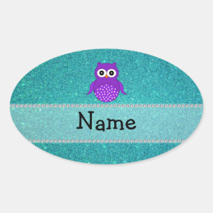 Sticker Ovale Nom personnalisé hibou parties scintillant turquoi