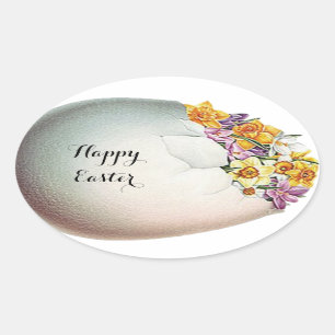 STICKER OVALE OEUF DE PÂQUES AUX FLEURS NARCISSES JAUNES