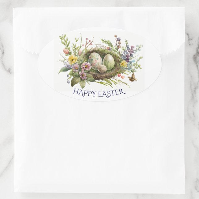 Sticker Ovale Oeufs De Pâques Dans Un Nid Floral D'Oiseaux (Sac)