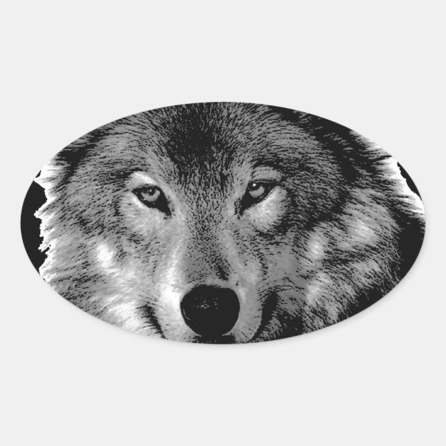 Sticker Ovale Oeuvre de Loup noir et blanc (Devant)