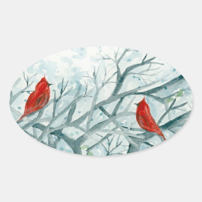 Sticker Ovale Oiseaux cardinaux rouges Arbres d'hiver Aquarelle (Devant)