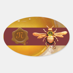 STICKER OVALE OR HONEY BEE MONOGRAMME DE SCEAU DE CIRE BROWN, MÉ