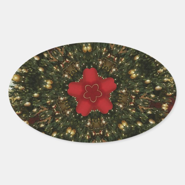 Sticker Ovale Or vert rouge de guirlande de Noël avec l'étoile (Devant)
