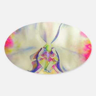 Sticker Ovale Orchidée de feu rose, fleurs d'aquarelle surréalis