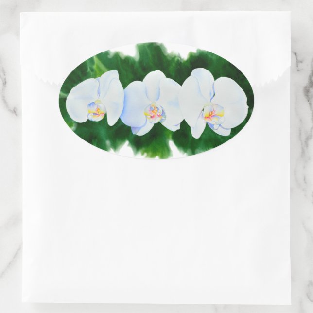 Sticker Ovale orchidées blanches couleur de l'eau floral (Sac)