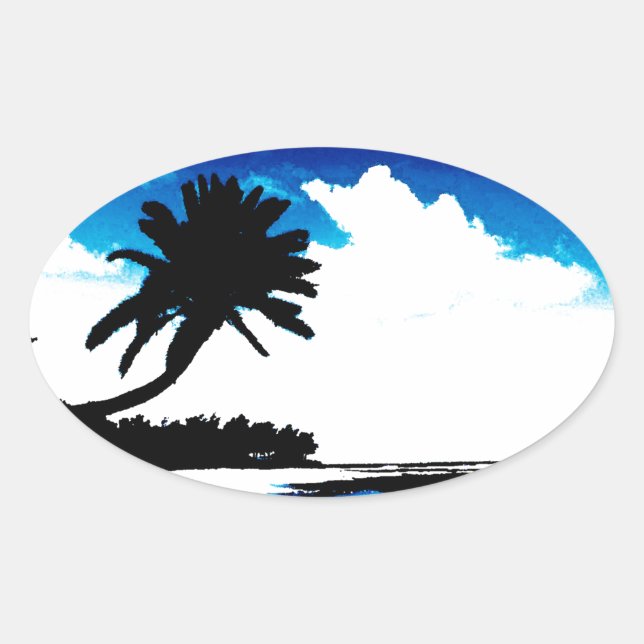 Sticker Ovale Palmier blanc noir bleu Silhouette (Devant)