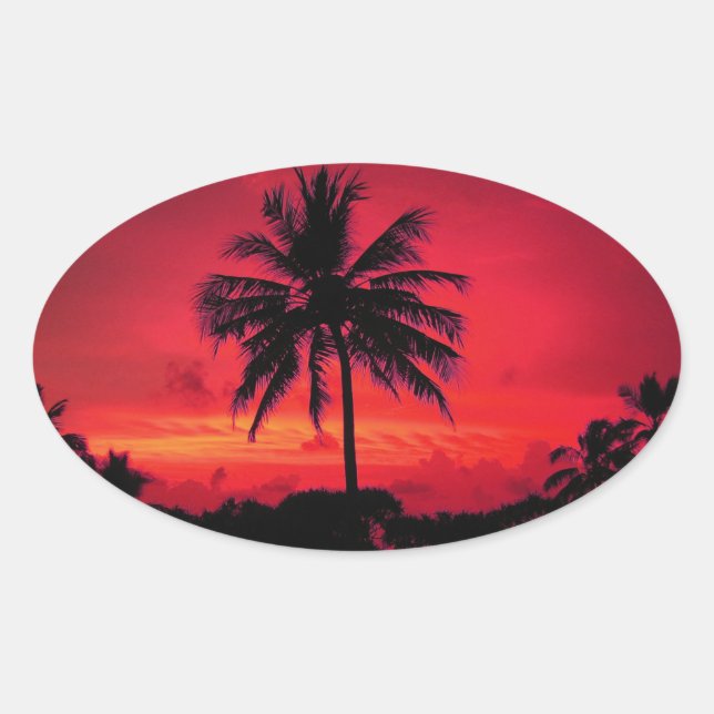 Sticker Ovale Palmiers exotiques du coucher de soleil de l'Hawaï (Devant)