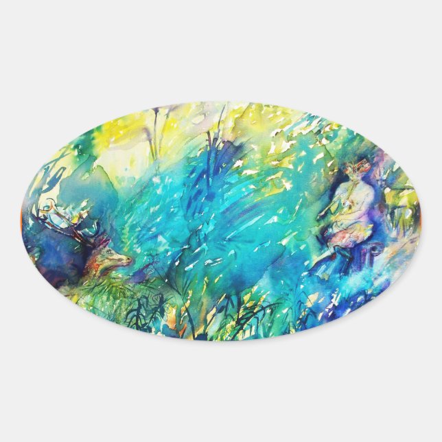 STICKER OVALE PAN JOUER FLUTE ET CERF EN BOIS VERT (Devant)
