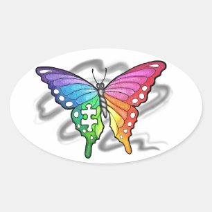 Sticker Ovale Papillon arc-en-ciel