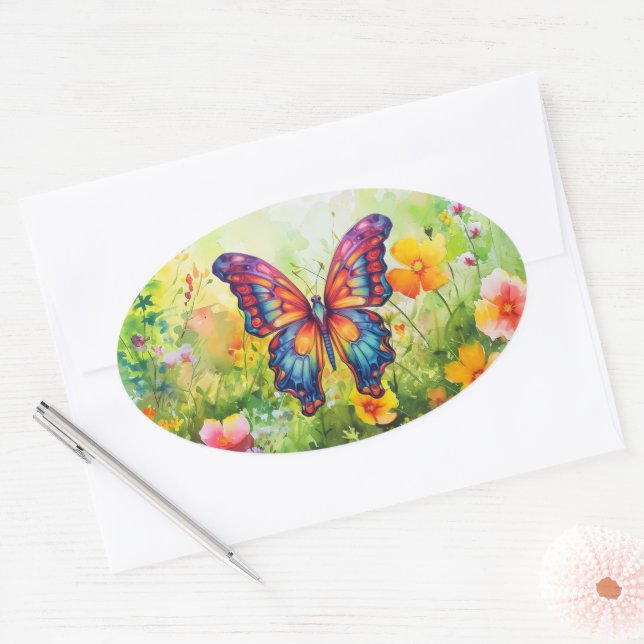 Sticker Ovale Papillon Bleu Orange ailes (Enveloppe)